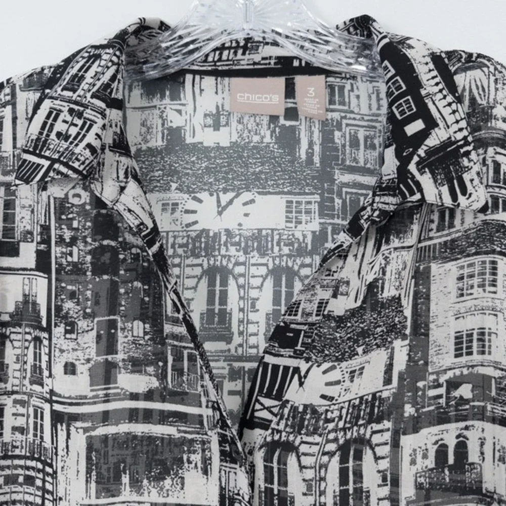 Chicos Cityscape Sheer Chiffon Button Shirt 3 (XL)‎ Monochrome Urban Retro Artsy - Picture 5 of 16